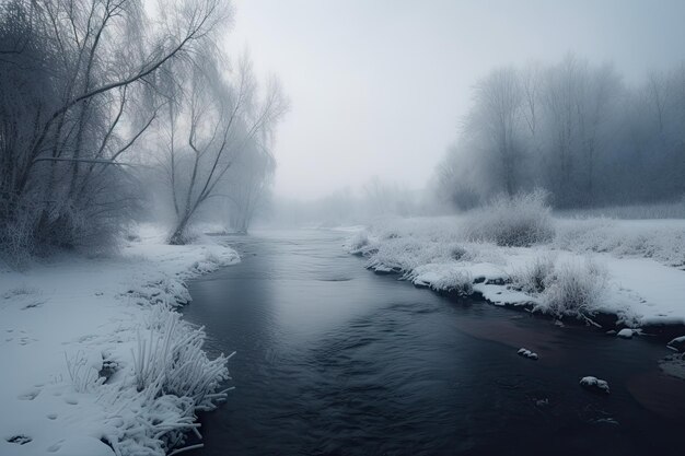 Frozen river surrounded by quiet winter landscape with snowflakes floating down