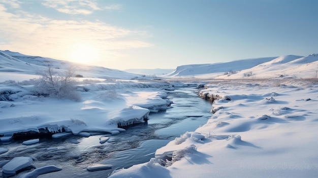 A frozen river winding through snowcovered landscapes AI Generative