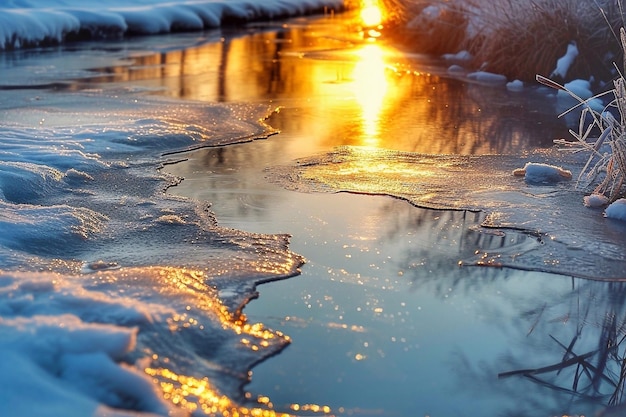 frozen river in winter at sunset