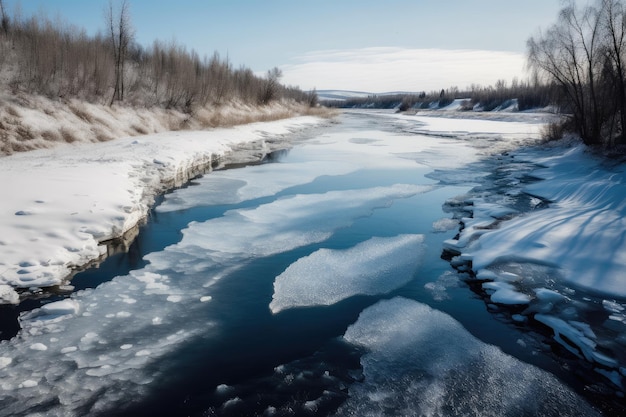 Фото Замерзшая река с голубым и белым льдом и заснеженными берегами по обеим сторонам
