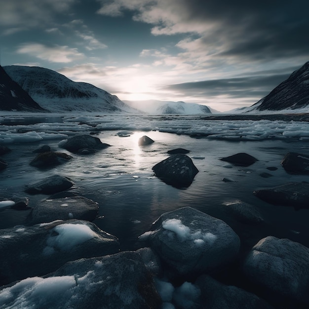 A frozen river with a cloudy sky in the background