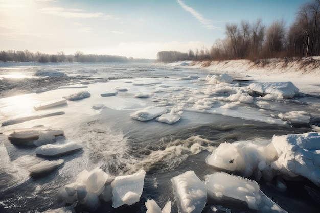 Frozen river with ice cracking and shifting under the weight of the frozen surroundings