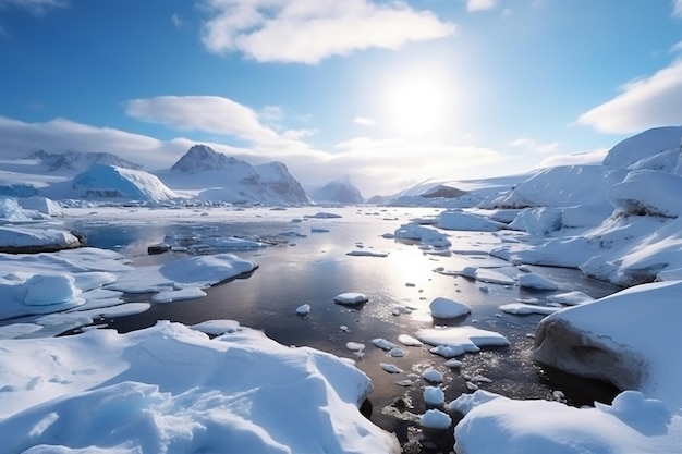 A frozen river with ice and mountains in the background.