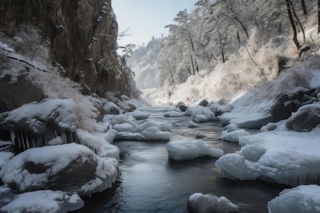 Frozen river with icicles hanging from the trees and rocks surrounded by snowy landscape