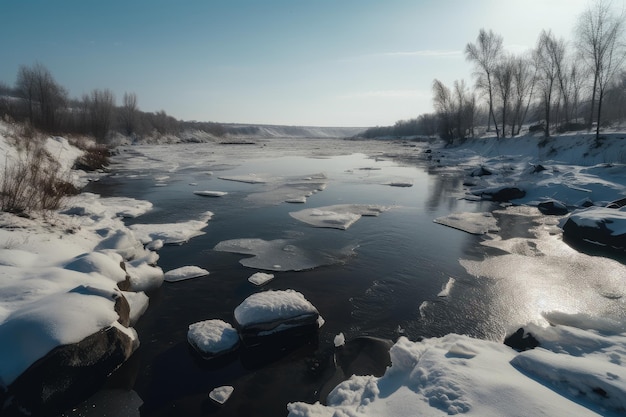 Frozen river with melting ice and flowing water surrounded by snowy landscape