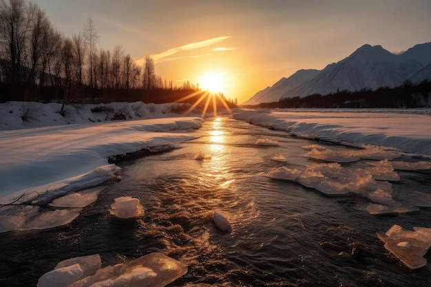 Frozen river with mountains in the background and sun setting behind the horizon