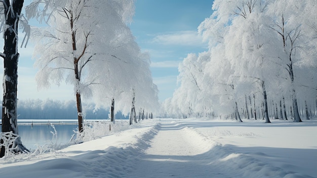 frozen river with snow covered trees