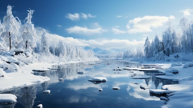 frozen river with snow covered trees