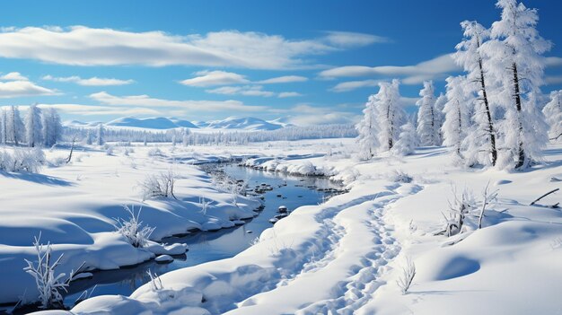 frozen river with snow covered trees