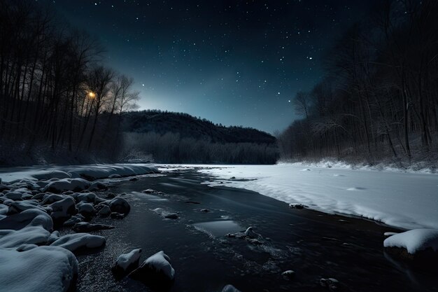 Frozen river with view of the stars and moon visible overhead