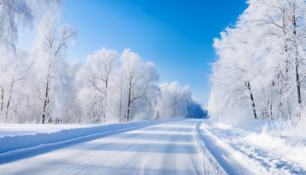 冬の青い空と雪の森を通る凍った道 ストレートアスファルト道路はディーに続きます