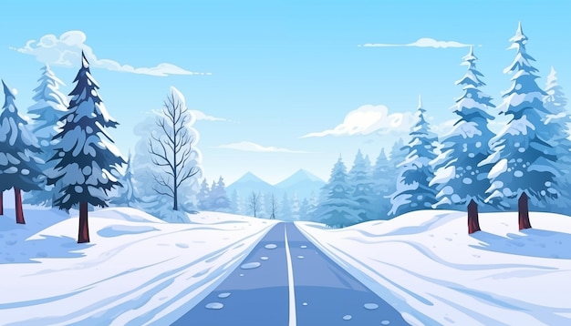 Frozen road through snowy forest in winter with the blue sky Straight asphalt road goes
