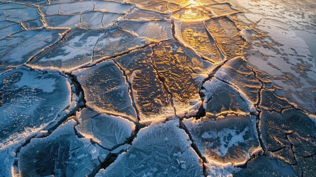 Frozen Sea Aerial Exploration of Ice Cracks at Golden Hour