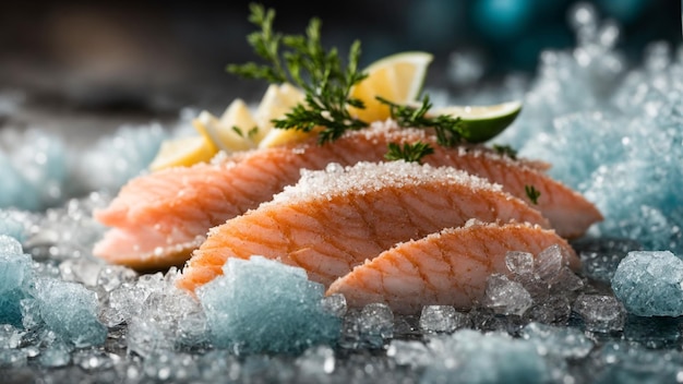 frozen sea food Focus on the intricate details of individual frozen seafood items capturing the fro