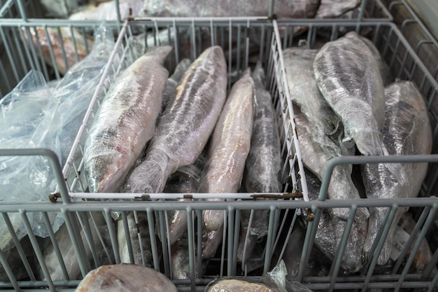 Frozen seafood and fish in fridge at the fish market healthy eating and fish market concept