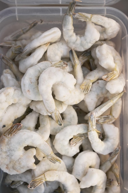 Frozen shrimp in fridge at the fish market healthy eating and fish market concept