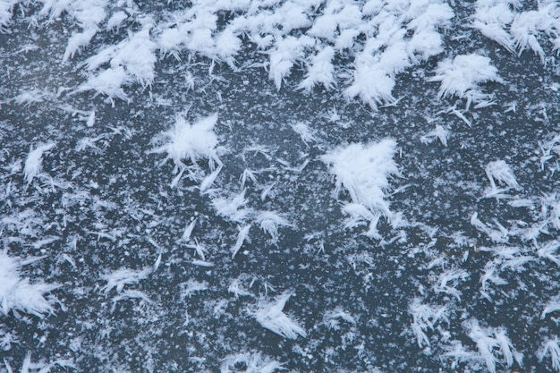 Frozen snowflakes - ice abstract textured background. snow paintings on ice surface