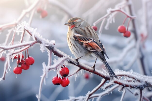 Frozen sparrow perched on snowy rosehip branch