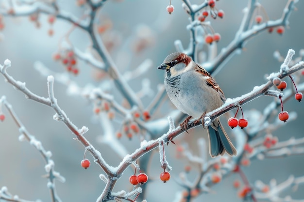 Frozen sparrow on snowy rosehip branch in winter morning