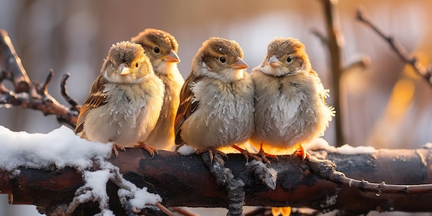 Frozen sparrows sitting on a frosty winter morning