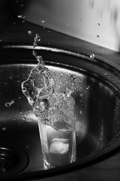 Frozen splash of water in a glass, close-up, macro