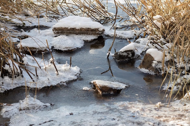 Frozen stones on the river bank