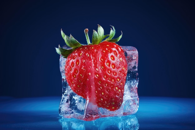 Frozen strawberry in an ice club on a blue background