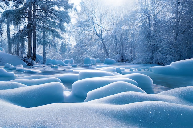 Flusso congelato in inverno mistica foresta incontaminata boscaglia 3d opera d'arte sfondo