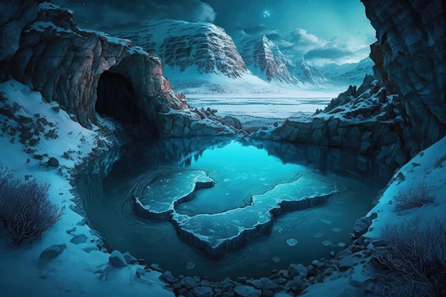 A frozen subterranean lake with a mysterious blue glow surrounded by ancient rock formations created