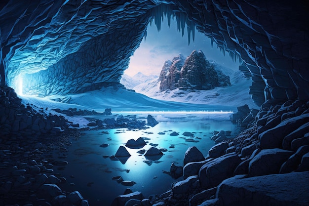 A frozen subterranean lake with a mysterious blue glow surrounded by ancient rock formations created