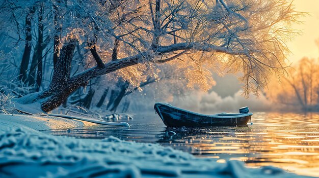 Frozen tree and boat in the lake