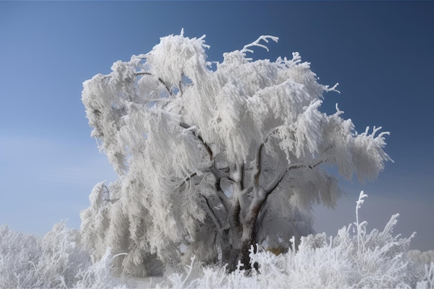 Frozen tree covered in sparkling ice and snow