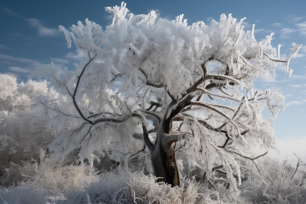 Frozen tree covered in sparkling ice and snow