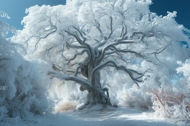 Frozen tree on winter field and blue sky