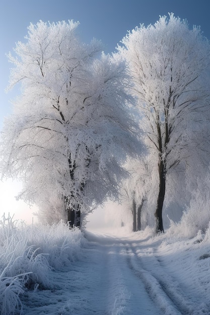 Frozen tree on winter field and blue sky