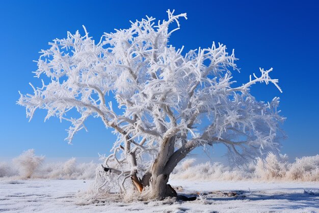 Frozen trees in winter with blue sky