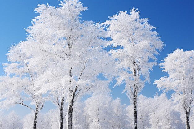 Frozen trees in winter with blue sky