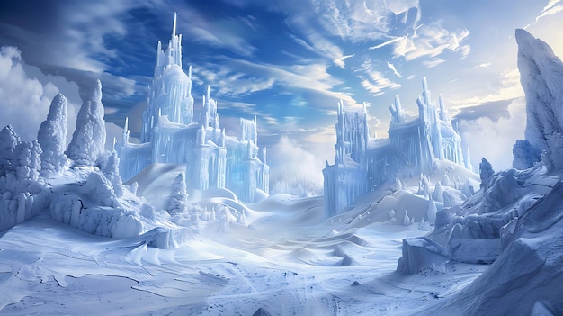 Frozen tundra landscape with an ice castle