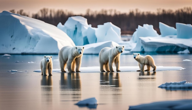 Photo a frozen tundra with icebergs and polar bears