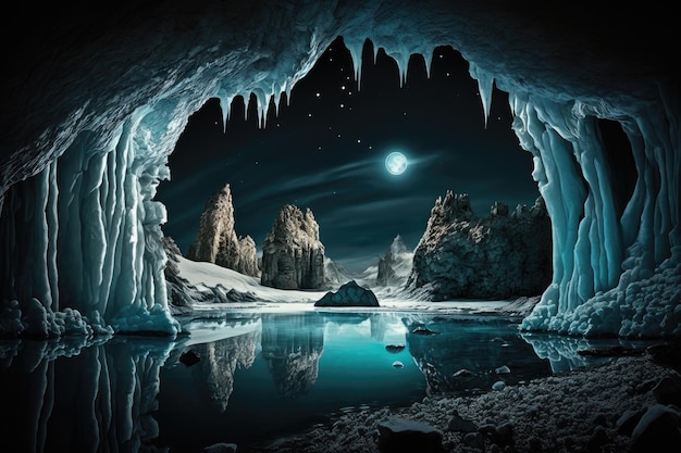 A frozen underground lake in a cavern with stalactites and stalagmites illuminated by the moonlight