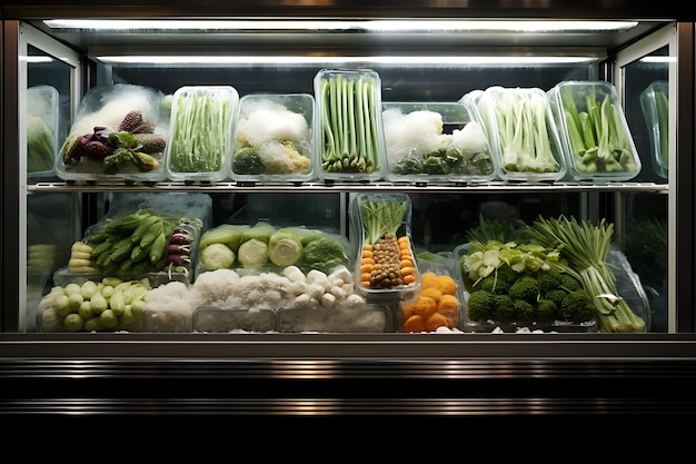 Фото Замороженные овощи и фрукты в витрине