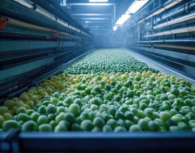 工場のコンベヤーで冷凍した野菜