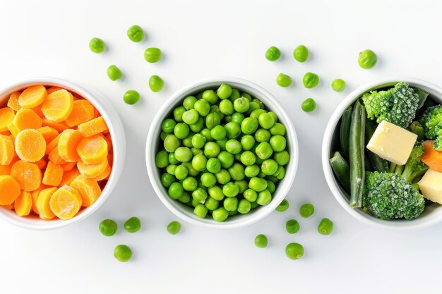 Frozen vegetables green peas soy green beans and baby food in white bowls with copy space