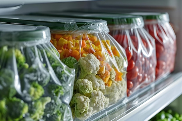 Frozen vegetables in plastic containers in refrigerator