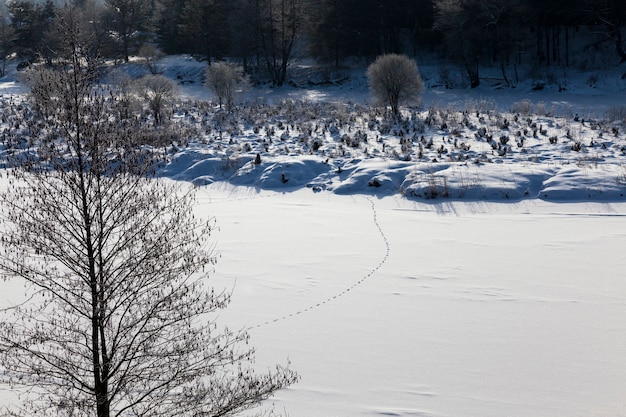 Frozen water in the river during frosts, winter season with frosts