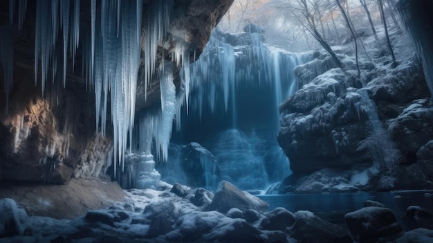 Photo a frozen waterfall cascading down a rocky cliff