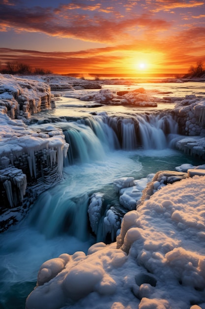 Frozen waterfall landscape at sunrise background with empty space for text