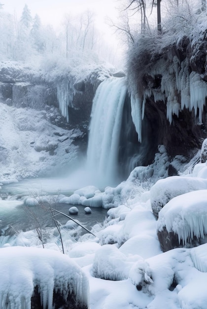 A frozen waterfall in the middle of a forest AI generative image