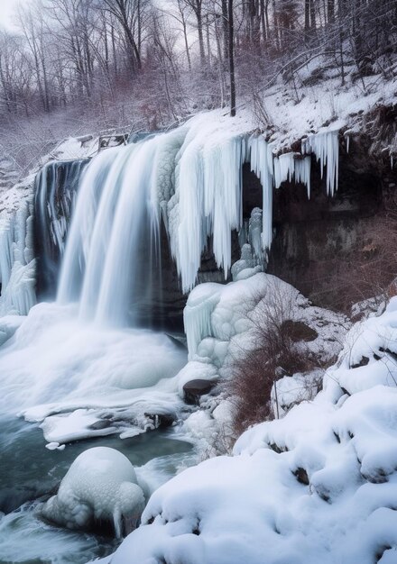 A frozen waterfall in the middle of a forest AI generative image