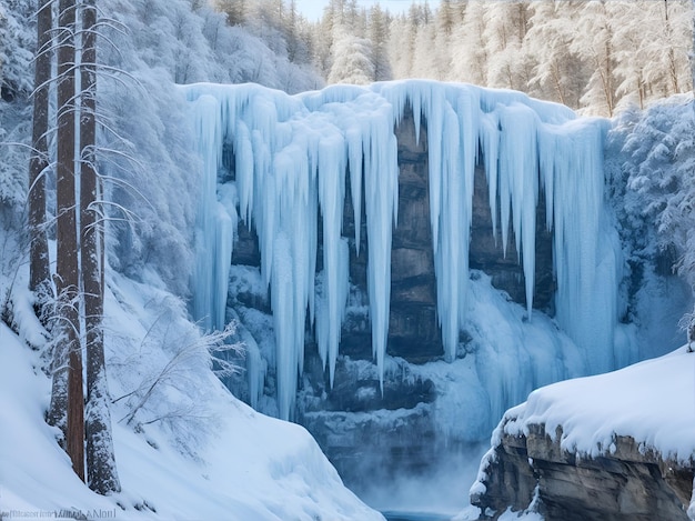 Photo frozen waterfall in a winter forest ai generated